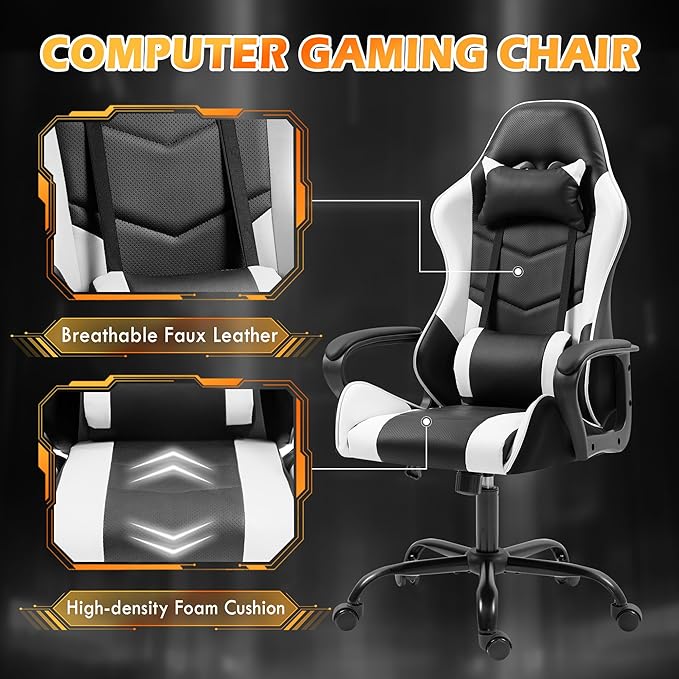 ECOTOUGE Gaming Chair for Boys Ergonomic Computer Gamer Chair with Massage Lumbar Support &amp Rocking High Back 360° Swivel Video Game Chair for Gaming or Office Height Adjustable (White)