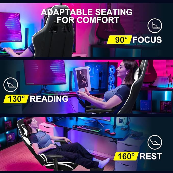 GTPLAYER Gaming Chair with Footrest Ergonomic Computer Game Desk Chair Reclining Gamer Chair Seat Height Adjustment Swivel Rocker with Headrest and Lumbar (White)