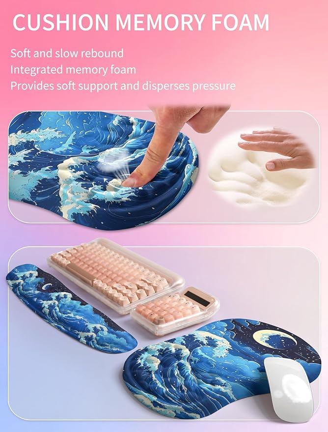 Hokafenle 2in1 Combination Wave Keyboard Wrist Rest and Ergonomic Curvature Mouse Pad Wrist Support for Relieve Wrist Pain Filled with Soft Cushion Memory Foam Crescent Waves