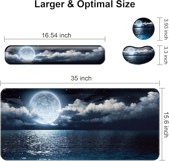 Keyboard Wrist Rest + Mouse Pad with Wrist Support + Desk Mat + Coaster 4 in 1 Set XXL Large Gaming Mousepad Cute Ergonomic Mouse Pads for Desk Computer Laptop Office Decor-Moon Ocean