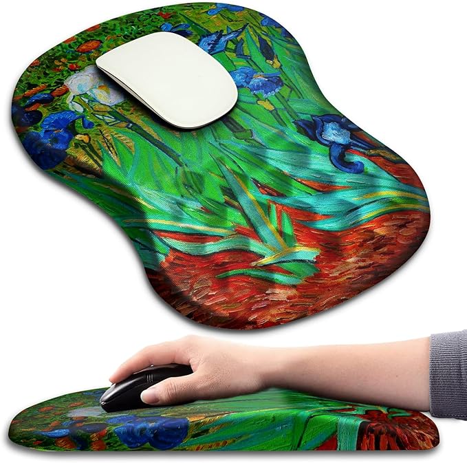 Hokafenle Ergonomic Mouse Pad Wrist Support with Massage Design Wrist Rest Pain Relief Mousepad with Memory Foam&ampNon-Slip PU Base Mouse Pads for Wireless Mouse &amp Desk(12x8 inchVangogh Iris