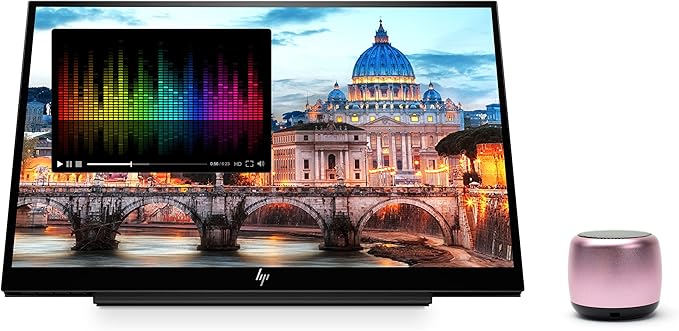 HP E14 FHD (1920x1080) Portable Monitor Travel Bundle with USB Type-C and Micro Bluetooth Speaker with Professional Sound Built-in Microphone and Remote Shutter for Selfies