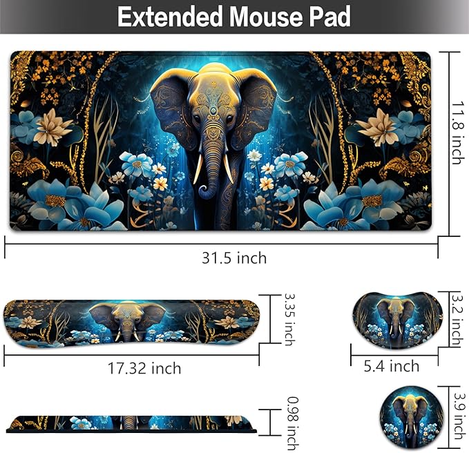 Large Mouse pad and Keyboard Support Set Ergonomic Memory Foam Keyboard Wrist Rest Extended Gaming Mouse Pad with Stitched Edges Flowers Ornate Elephant XXL Desk Mat (31.5 X 11.8 in)