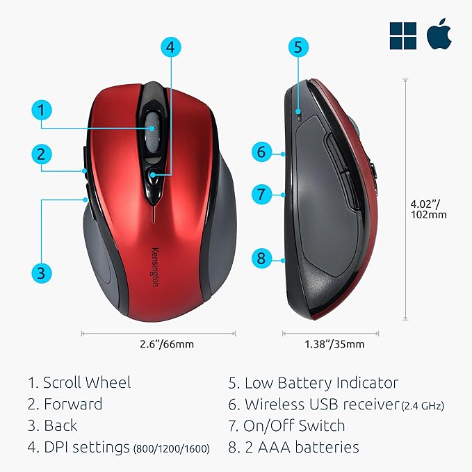 Kensington Pro Fit Mid-Size Wireless Mouse Ruby Red (K72422AM)