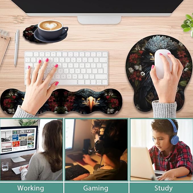 Ergonomic Keyboard Wrist Support Pad and Wrist Support Mouse Pad Anti-Slip with Gel Memory Mouse Pad Set Suitable for Office Use/Home Use - Dark Skull Flower Eagle