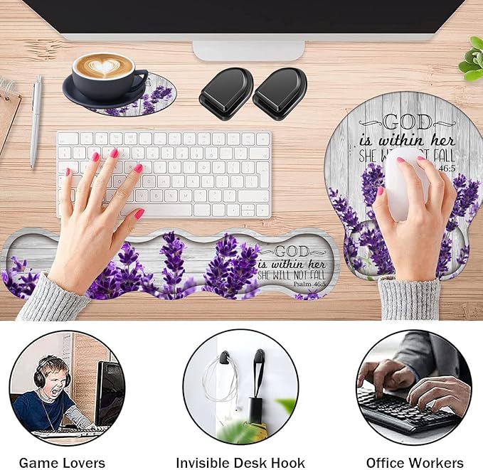 Keyboard Wrist Rest Support and Wrist Rest Mouse Pad with Non-Slip PU Base with Coaster Hook Gel Memory Mouse Pad Combo for Gaming Office Pain Relief - Psalm 46:5 Purple Lavender