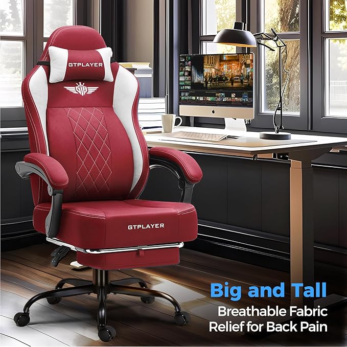 GTPLAYER Big and Tall Gaming Chair Breathable Fabric Computer Chair with Strong Lumbar Support Comfortable Office Chairs with Pocket Spring Cushion High Back Ergonomic Desk Chairs with Footrest