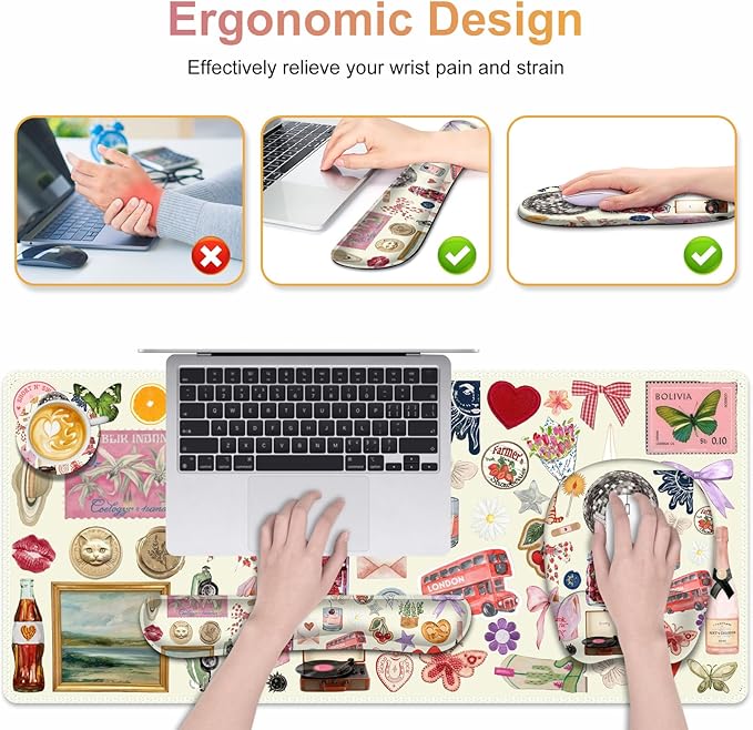 Beige Mouse Pad with Wrist Support 4 in1 Set XXL Big Game Mousepad + Keyboard Wrist Rest + Mouse Wrist Rest Pad +Coaster Gaming Mat for Home Office Work Computer I Cute Design Stickers