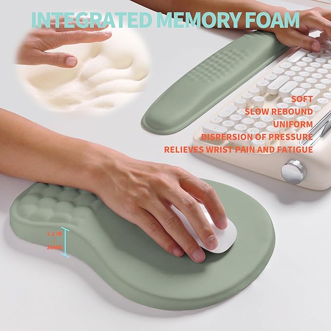 2-in-1 Ergonomic Set Wave Rise Keyboard Wrist Rest and Massage Bulge Slope Mouse Pad Wrist Support Cushion Memory Foam Integrated to Relieve Wrist Pain Light Green