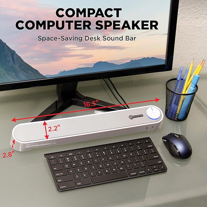 GOgroove Computer Speaker Mini Soundbar - USB Powered PC Sound Bar with Easy Setup Wired AUX Stereo Audio Microphone Port Volume Control Knob Under Monitor Design for Desktop (White)
