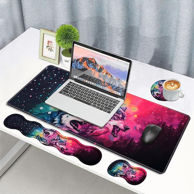 4 in 1 Ergonomic Memory Foam Mouse Pad Wrist Rest Set Large XXL Gaming Desk Pad + Keyboard Wrist Rest + Mouse Wrist Cushion + Coaster for Home Office Study Gaming Watercolor Art Wolf Howling