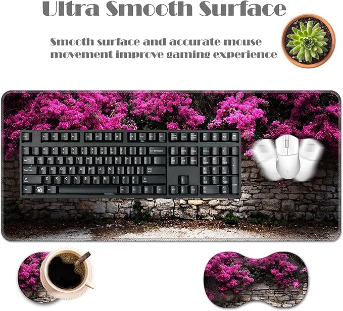 Ergonomic Keyboard Wrist Rest &amp Mouse Pad Wrist Rest SetXL Gaming Desk Mat 31.5x 11.8Non-Slip BaseMemory FoamEasy Typing Pain Relief for Office &amp HomePink Floral Stone