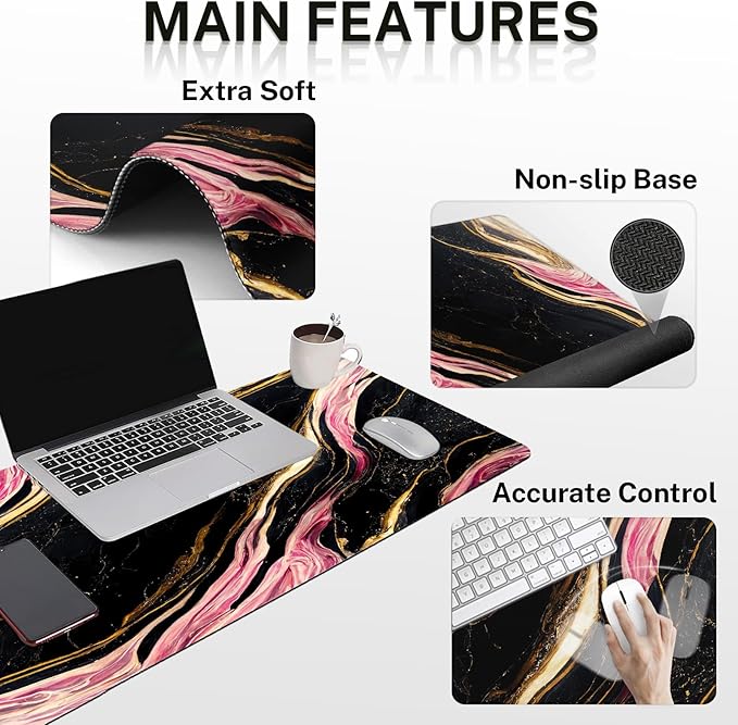 Britimes Pink Black Gold Marble Keyboard Mouse Pad Set 4in1 Large Mousepad+Keyboard Wrist Rest+Mouse Wrist Rest+Coaster Ergonomic Design for Home Office Computer 35.4x15.7 inches
