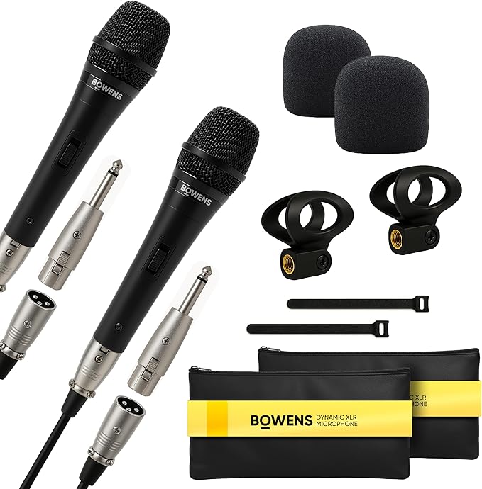 Bowens Dynamic Microphone 2-Pack – Wired Handheld XLR Mics with 15ft Cables Professional Vocal Microphones for Singing Karaoke Podcasting PA Systems and Studio Recording Microfono