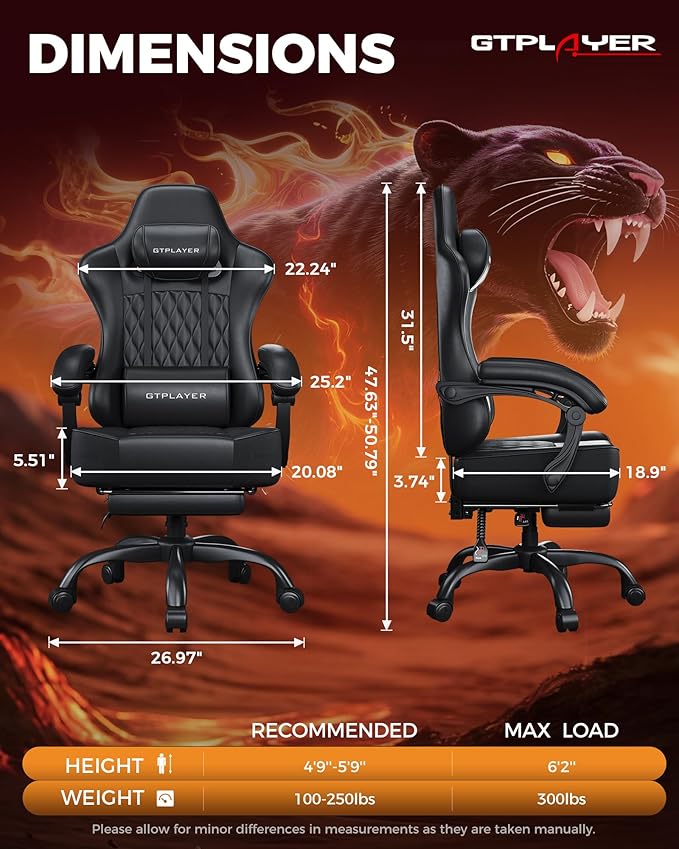 GTPLAYER Big and Tall Gaming Chair with Footrest Ergonomic Office Desk Chair with 4.4in Thick Cushion and Wide Wingless Seat Comfortable Leather Computer Chair Predator Series Black
