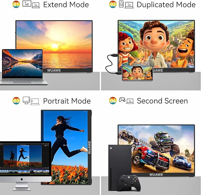 WUAWE 15.6 Inch Portable Monitor with Built-in Stand 1080P FHD 60Hz External Second Computer Monitor with Speaker HDMI USB-C for PC Mac Phone PS5 Switch Xbox PS4/5.