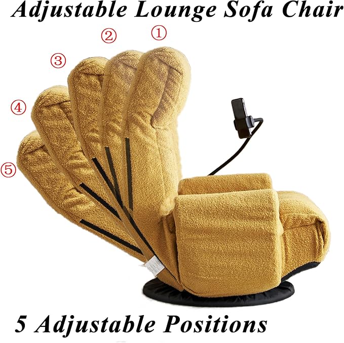 Swivel Gaming Floor Chair with Phone Holder &amp Arm Comfy Reading Chair with Side Pocket for Adults Upholstered Floor Chair with Adjustable Back for Bedroom Living Room (Yellow)