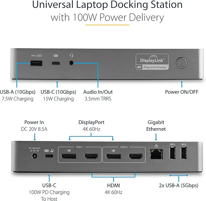 StarTech.com Universal Laptop Docking Station Hybrid USB-C/USB-A Dock Dual 4K DP/HDMI 100W PD Mac/Windows/Chrome OS NIC