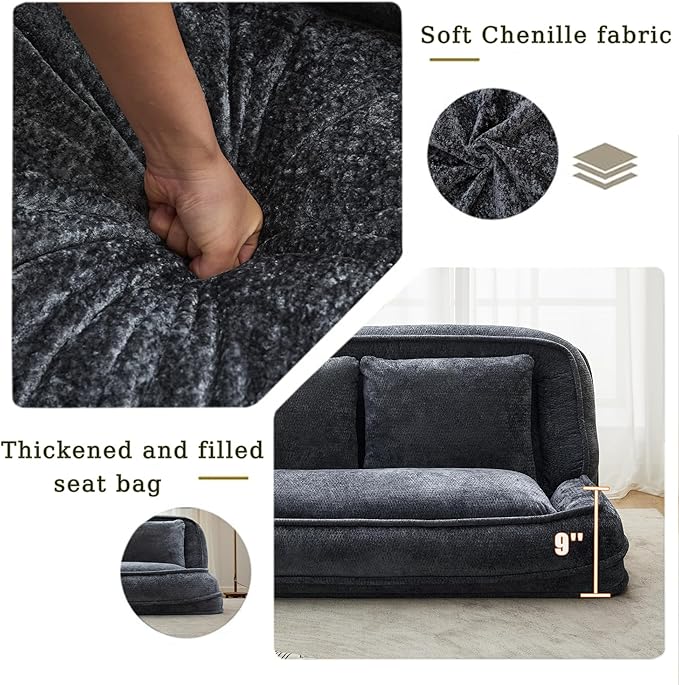 Floor Chair with Back Support Human Dog Bed Folding Loveseat with 5 Adjustable Position 2 Pillows Chenille Meditation Gaming Chair for Lazy Boys Living Room Lounge Bedroom Dark Grey