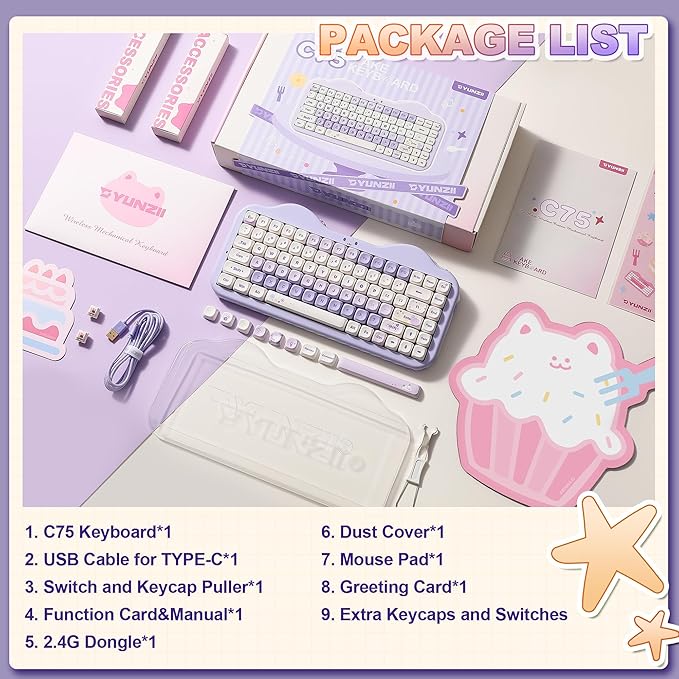 YUNZII C75 Wireless Mechanical Keyboard75% Layout Hot-Swappable NKROBT5.0/2.4G/USB-C ModeDye-Sub PBT MOA KeycapsRGB Gasket MountCute Cake Design for Mac/Win/Gaming (Purple Candy Switch)