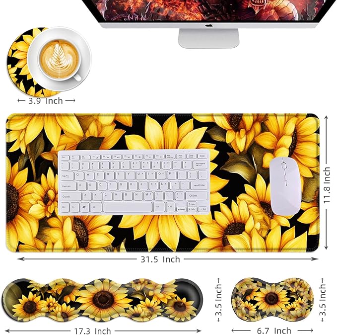 Mouse PadLarge Desk Mat Set 4in1 XL Mousepad + Keyboard Wrist Rest+Mouse Wrist Rest+Coaster with Ergonomic Desk Pad for Home Office Table Computer Cover -Yellow Sunflowers