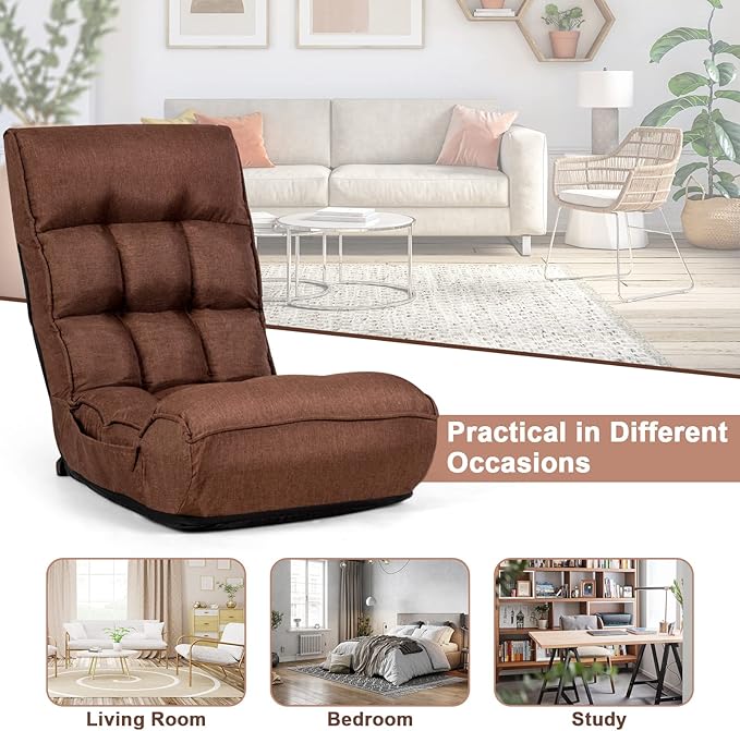 COSTWAY Folding Floor Lounge Chair Floor Gaming Chair with 5-Position Adjustable Head &amp 4-Position Adjustable Backrest Indoor Lazy Sofa Recliner for Bedroom Living Room (Brown)