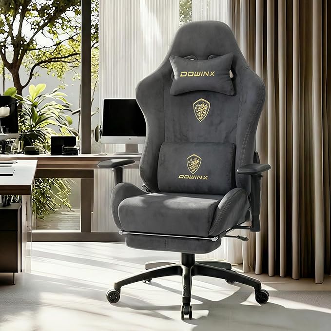 Dowinx Big and Tall Gaming Chair with Suede Fabric Breathable Game Chairs for Adults with Oversized Thick Seat for 440lbs Ergonomic Gamer Chair for Streaming &amp Long Gaming Sessions Grey