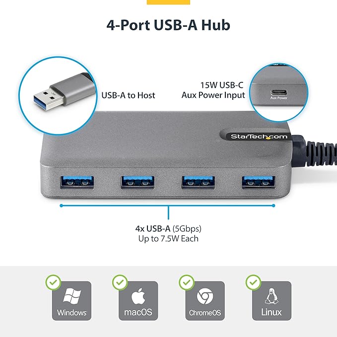 StarTech.com 4-Port USB-A Hub 5Gbps Data Transfer Bus-Powered USB 5Gbps Splitter 4X Type-A Ports Extender for Laptops Compatible with MacBook Dell XPS Surface Pro Chromebook