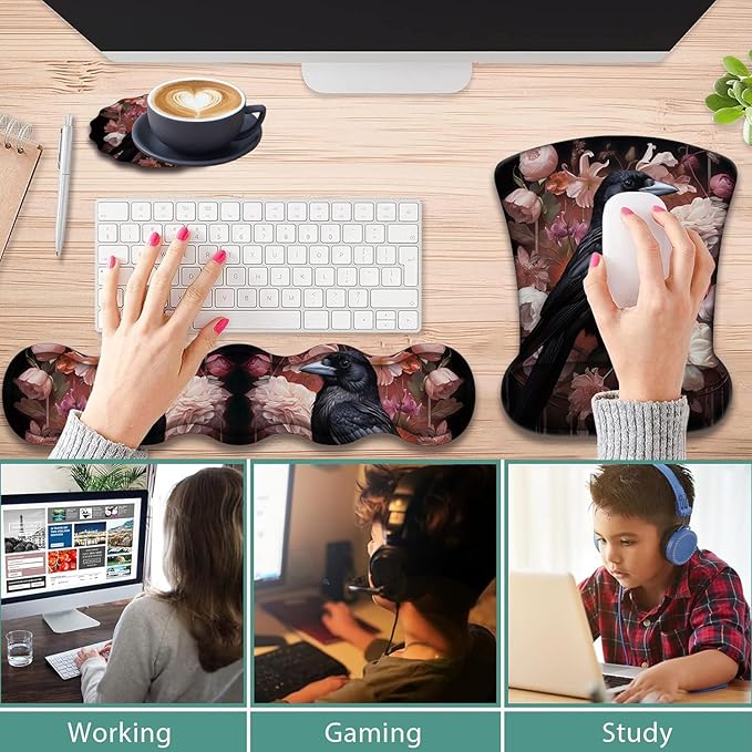 Ergonomic Keyboard Wrist Support Pad and Wrist Support Mouse Pad Anti-Slip with Gel Memory Mouse Pad Set Suitable for Office Use/Home Use - Magpie Peony Bird Flowers
