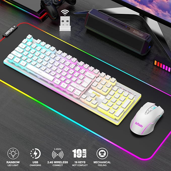 RedThunder K10 Wireless Gaming Keyboard and Mouse Combo RGB Backlit Rechargeable 3800mAh Battery Mechanical Feel Anti-ghosting Keyboard + 7D 3200DPI Mice for PC Gamer(White Pudding)