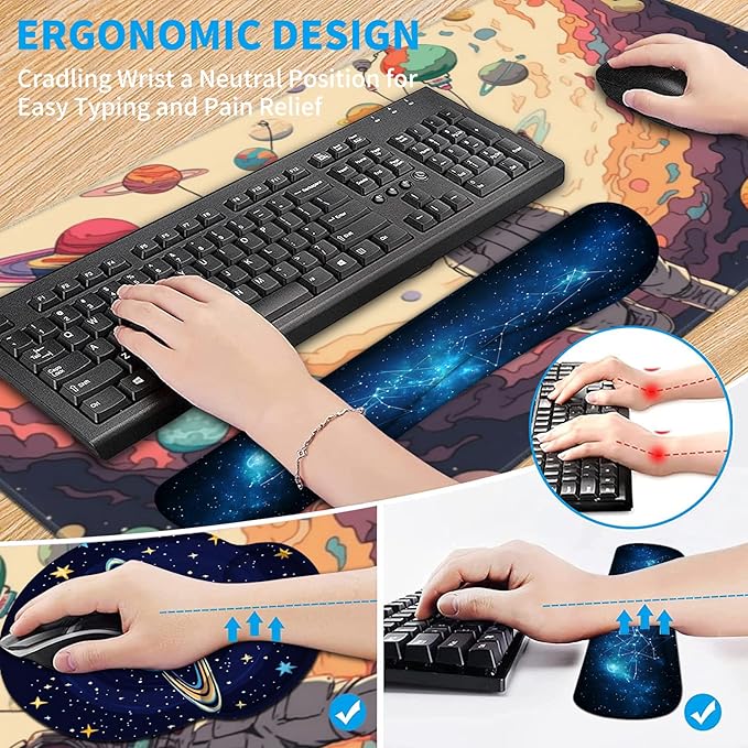 AQQA 5-in-1 Large Gaming Mouse Pad Mousepad with Wrist Support Set- Ergonomic Gaming Desktop Mouse Pad Wrist Rest - Cup Coaster Keyboard Mouse Mat Desk Pad with Stitched EdgesUniverse