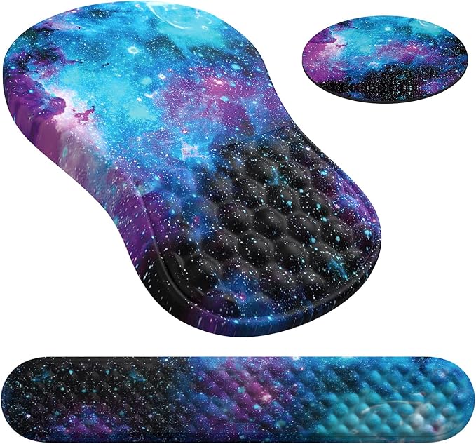 HAOCOO Ergonomic Mouse Pad with Wrist Rest Keyboard Wrist Rest Pad 3 PCS Computer Mouse Pad Sets for Desk Memory Foam Mousepad with Wrist Support for Office Gaming Laptop Galaxy Purple
