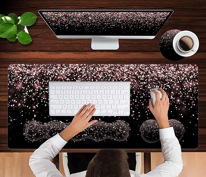 Large Gaming Mouse Pad Memory Foam Keyboard Wrist Rest Extended Office Desk Mat Office Desk Pad with Stitched Edges Laptop Desk Table Protector Rose Gold Glitter Black Writing Mat