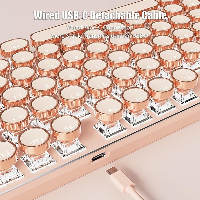 Typewriter Style Mechanical Gaming Keyboard White LED Backlit 104-Key NKRO Pink Switches Retro Round Keycaps Golden Ring Volume Knob Metal Panel Wired USB-C Detachable Cable Rose Gold