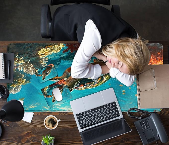 Mouse Pad Desk Mat Ergonomic Wrist Support Pad SetMouse Wrist Rest Keyboard Pad with Stitched Edges and Non Slip Base-Sea Turtle