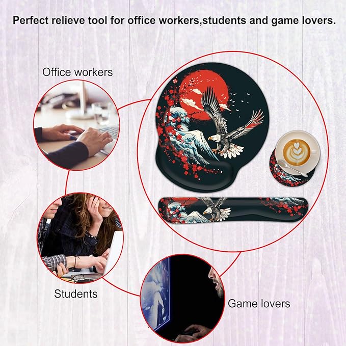 Keyboard Wrist Rest and Mouse Wrist Rest Pad with Coffee Coaster Non Slip PU Base Wrist Support with Ergonomic Raised Memory Foam for Easy Typing &amp Pain ReliefOcean Wave Cherry Blossom Eagle