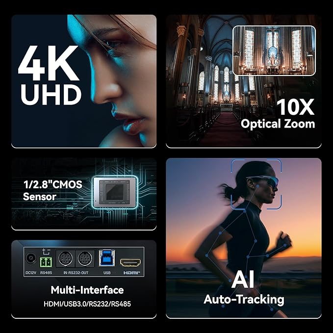 TONGVEO AI 4K PTZ Camera with Auto Tracking 10X Optical Zoom Video Conferencing Camera HDMI &amp USB 3.0 Plug and Play Webcam for Zoom Teams Church Worship Live Streaming Education