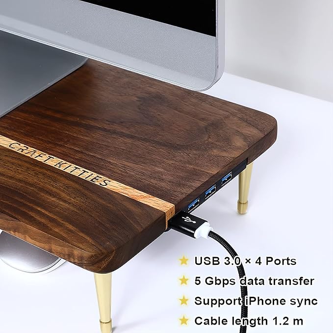 Monitor Stand Wood Riser with 4 USB Ports Computer Monitor Stand with America Walnut Data Transfer Charging Hub -Compatible with Computer Mac PCs Smartphone 20.5*8.3in