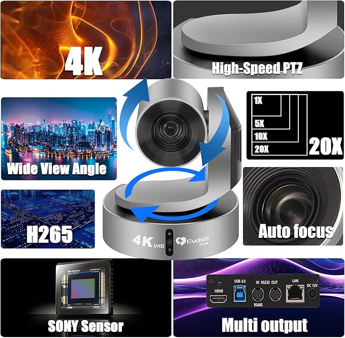 4K HDMI PTZ CameraOptical 20X Zoom Conference Room CameraAuto Focus and auto Trackingwith IP/USB3.0/HDMI/RS232/RS485 for Live Streaming Video Conference and Church Education ﻿