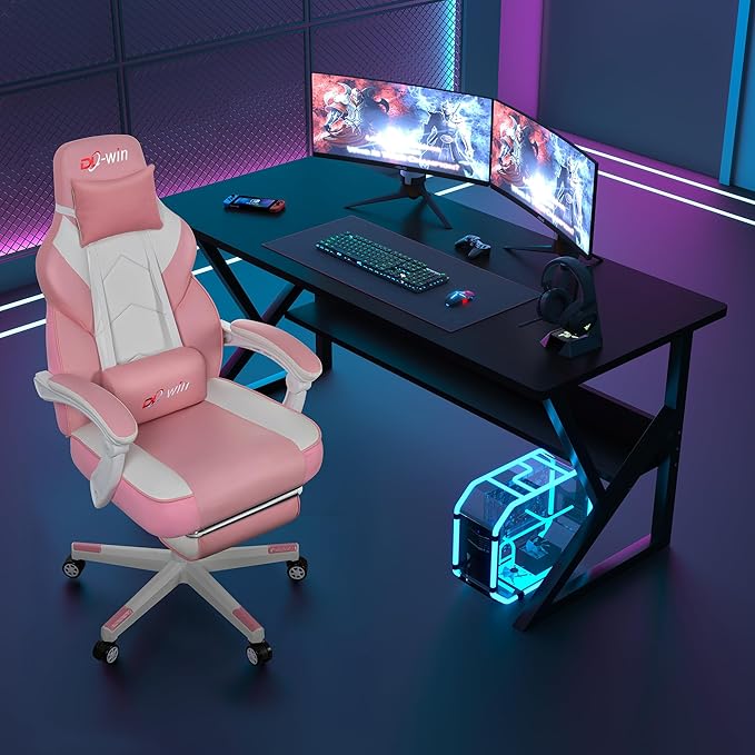 Video Gaming Chairs for Adults Gamer Chair with Footrest High Back Big and Tall Gamer Chair‘s with Massage Lumbar Support 360° Swivel Height Adjustable Computer Chaires Pink