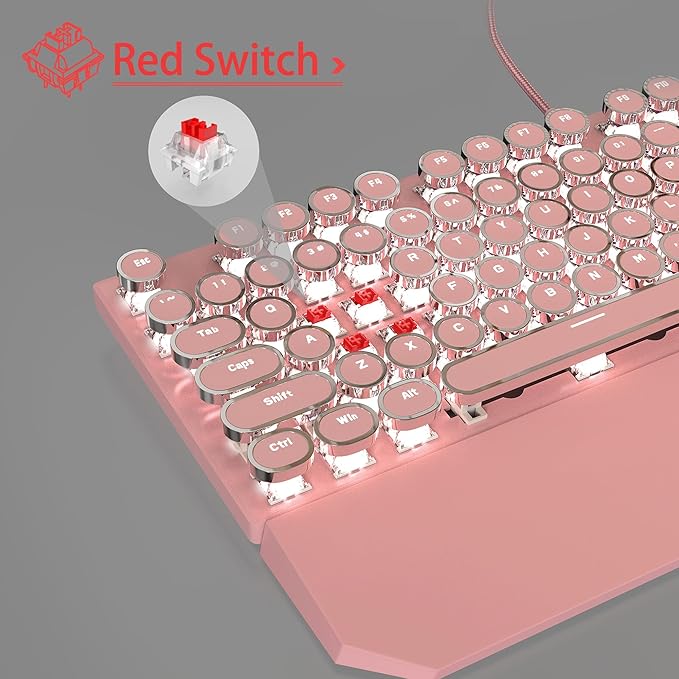 Typewriter Mechanical Gaming Keyboard and Mouse Combo Retro Punk Round Keycaps RGB Rainbow Backlit Wired Keyboard for Game and Office for Windows Laptop PC Red Switches(Pink)