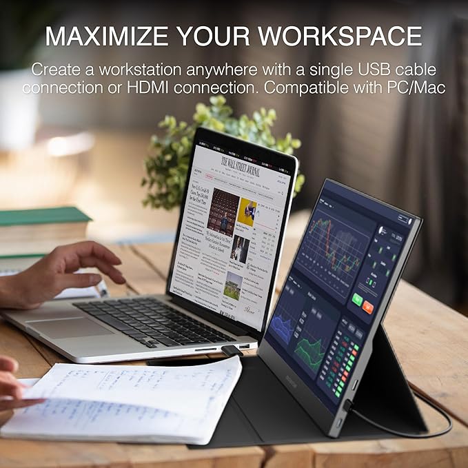 Packard Bell 15.6 Portable FHD 1080P Monitor – Ultra-Slim IPS Display with USB-C &amp HDMI Smart Cover &amp Speakers HDR Plug &amp Play – Ideal External Monitor for Laptop PC Phone and Mac