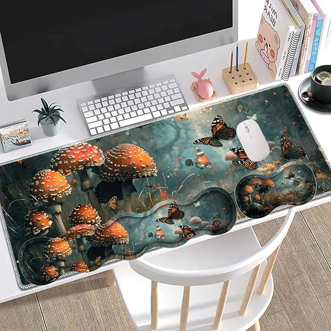 Large Gaming Mouse Pad + Keyboard Wrist Rest + Wrist Support + Coaster Set Memory Foam Ergonomic for Easy Typing XXL Extended Gaming Mouse Pad Table Pad - Mushroom Forest Butterfly