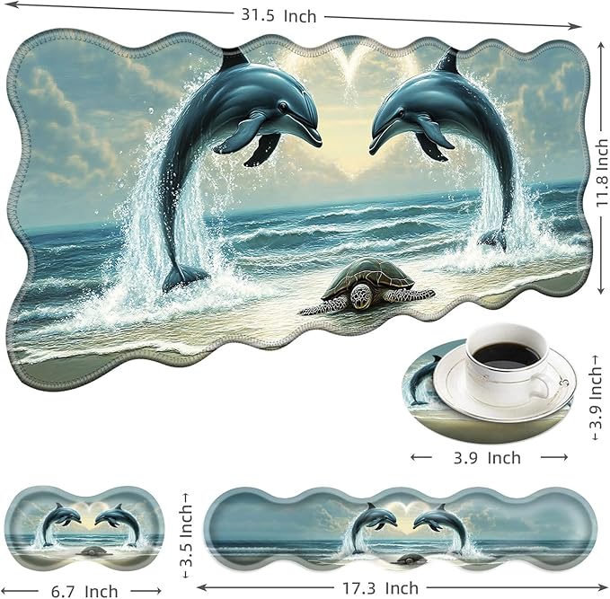 Large Mouse Pad and Keyboard Wrist Rest Desk Pad for Keyboard and Mouse 4-in-1 Large Gaming Mouse Pad with Wrist Support Desk Mat for Home Office Study Game-Dolphins and Sea Turtle