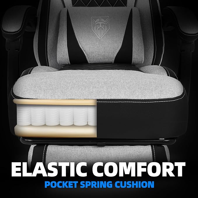Vonesse Gaming Chair Reclining Fabric Gaming Chairs for Adults 250LBS Office Chair with Pocket Spring Cushion Computer Chair with Footrest and Massage Lumbar Support (Light Gray)