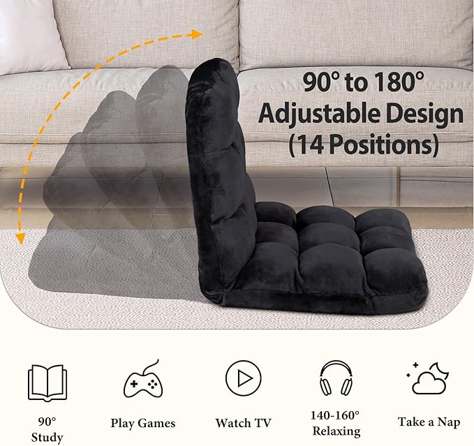 14-Position Adjustable Floor Gaming Chair Foldable Memory Foam Armless Sofa Seat Couch Recliner with Comfy Back Support for Working Meditation Reading Black