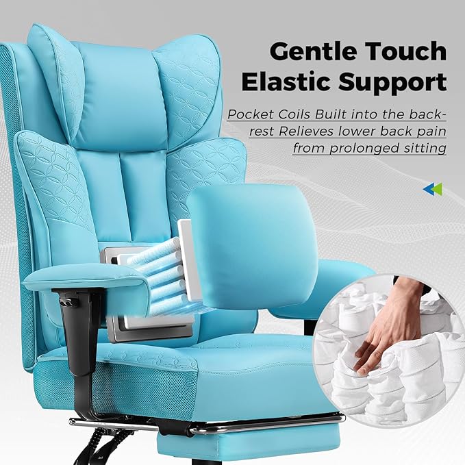 GTPLAYER Big and Tall Office Chair 400LBS Wide Ergonomic Gaming Chair with Deluxe Embossing Designed Leather with Foot Rest150°Reclining Adjustable Soft Armrests Pocket Spring Back Support and Pillow