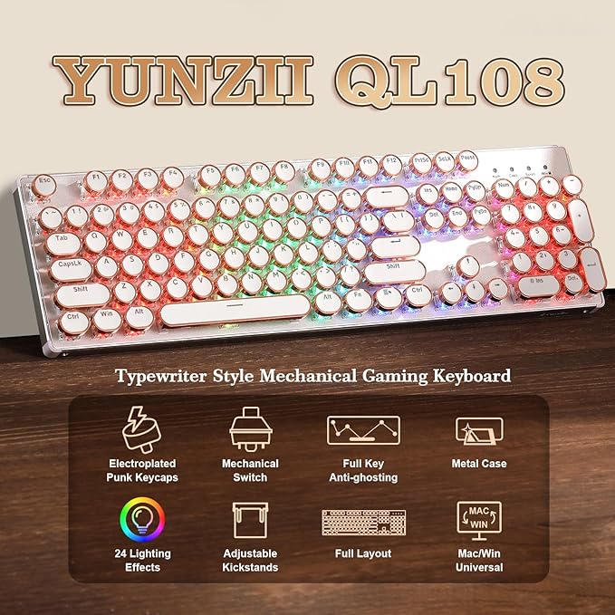 YUNZII QL108 Typewriter Style Mechanical Gaming KeyboardFull Size Hot Swappable RGB Backlit KeyboardsMetal Panel Retro Punk Round KeycapsUSB Wired Computer Keyboard (Silver Onyx Gray Switch)