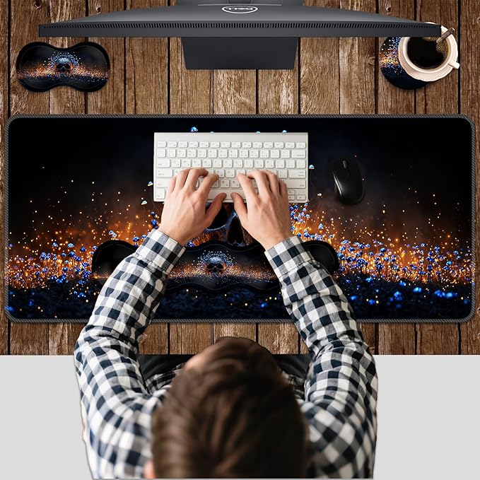 Ergonomic Keyboard Wrist Rest &amp Mouse Pad Wrist Rest SetXL Gaming Desk Mat 31.5x 11.8Non-Slip BaseMemory FoamEasy Typing Pain Relief for Office &amp HomeSkull and Blue Mushrooms