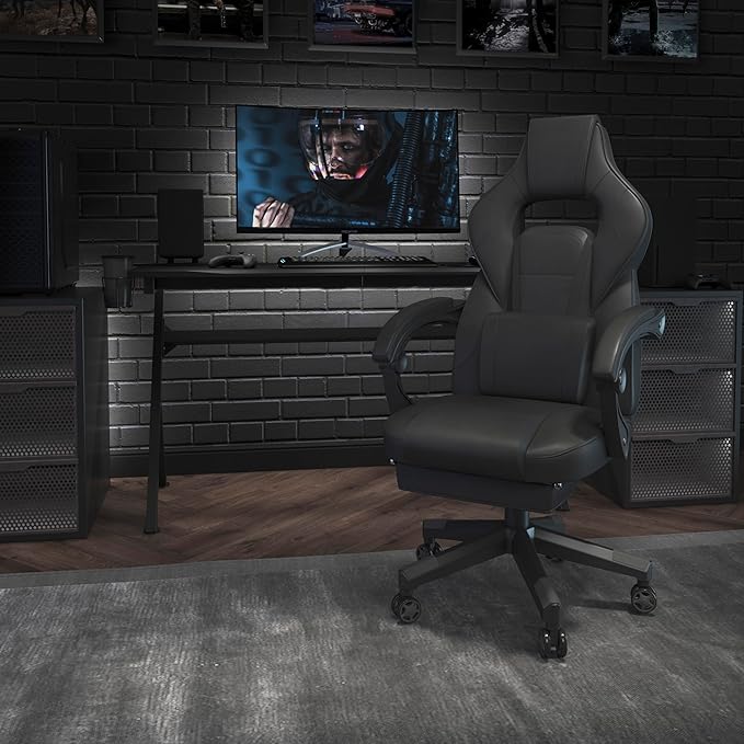 EMMA + OLIVER Black Ergonomic Gaming Chair -Recline Back/Arms Footrest Massaging Lumbar
